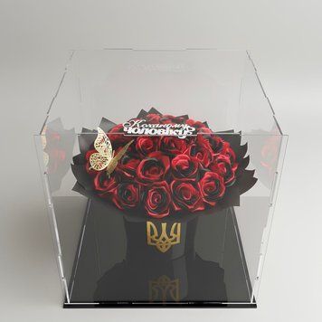 Похоронный букет из атласных лент в коробке (24 розы) в кубе , красно-черный цвет. 25382661137 фото