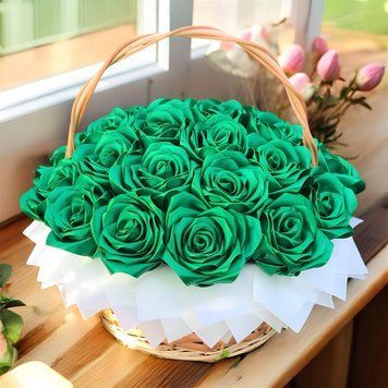 Похоронный букет из атласных лент в коробке (28 роз), зеленый цвет. 25737879869 фото